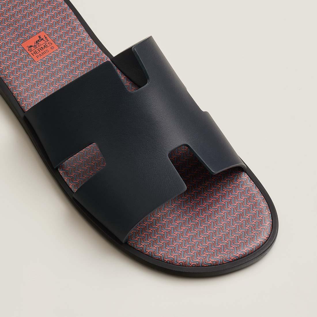 HERMES Izmir Marine Blue Leather Slide Sandals Unisex