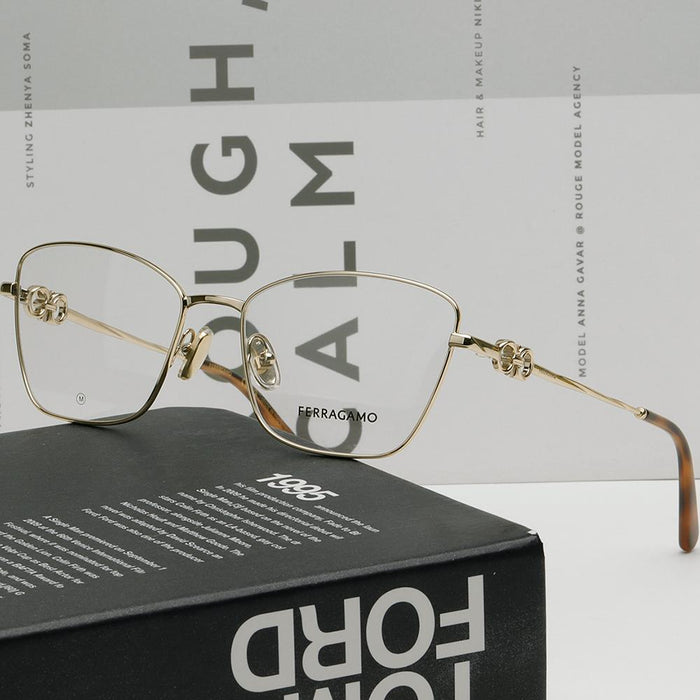 Ferragamo Gold Metal Cat-Eye Rectangle Eyeglass Frames Unisex SF2224N 710