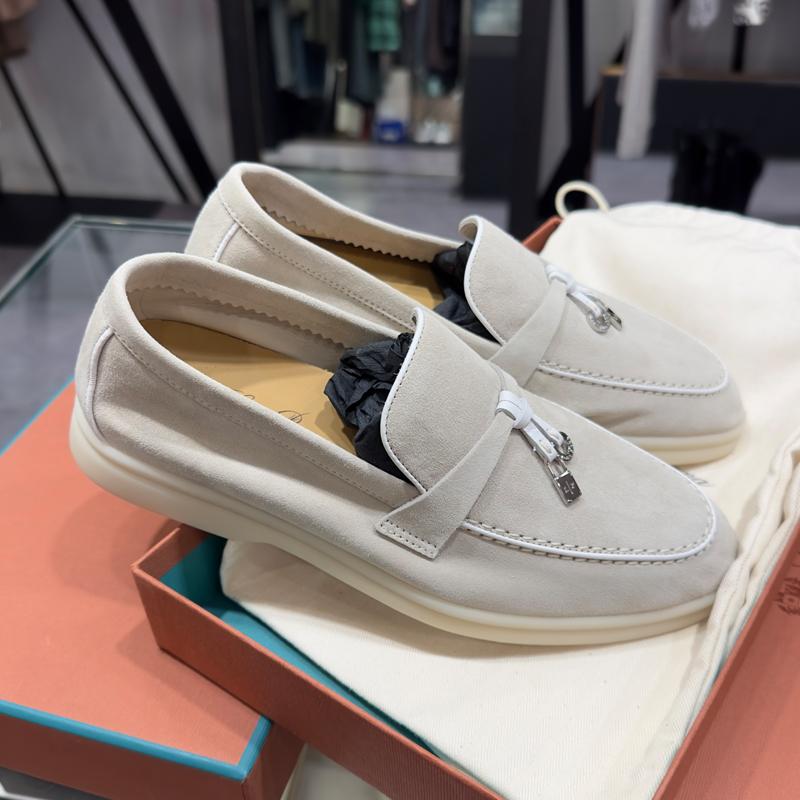 Loro Piana Beige Suede Moccasin Loafers with White Charm