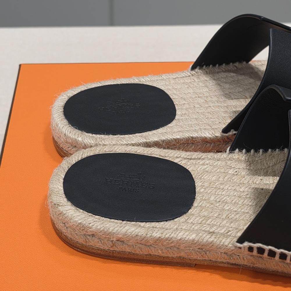 HERMES Men’s Suede Goatskin Antigua Espadrille Slippers Black