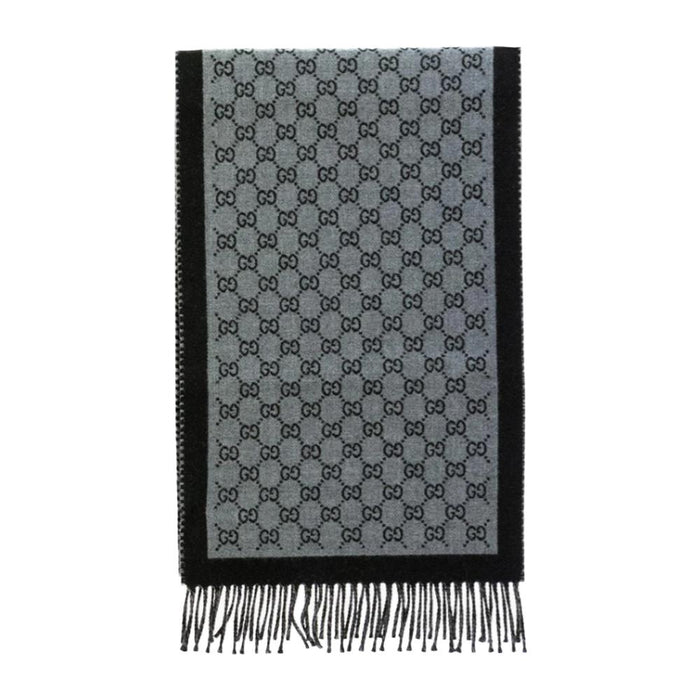GUCCI GG Wool Jacquard Fringe Scarf Black Gray