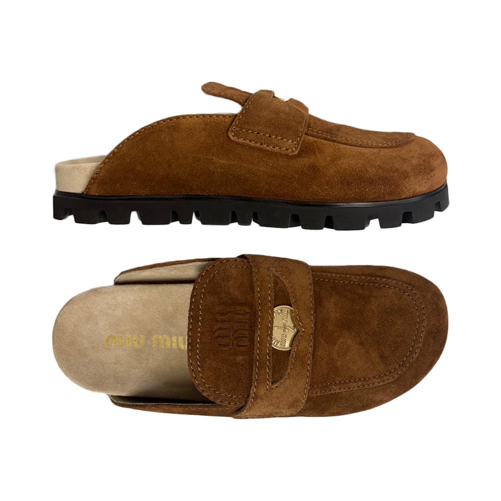Miu Miu Brown Suede Embossed Logo Penny Mule Slippers 5D058E 054 F0316