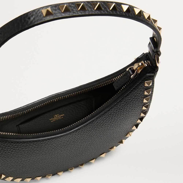 VALENTINO Mini Rockstud Hobo Bag Grain Calfskin Black Shoulder Bag