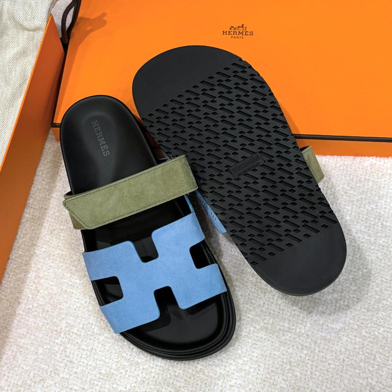 HERMES Women’s Suede Goatskin Chypre Sandals Blue Khaki