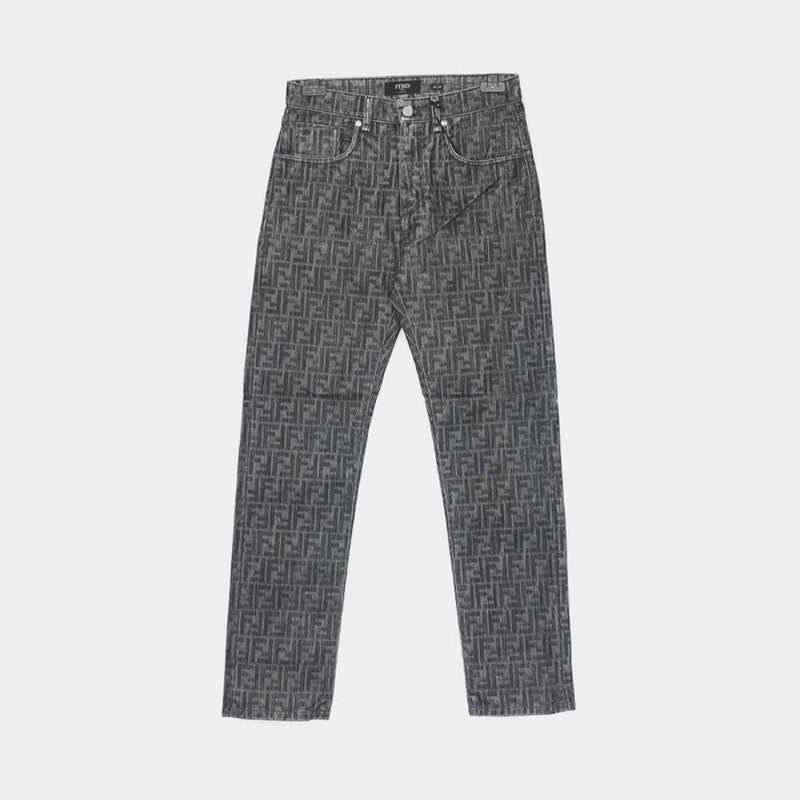 FENDI FF Logo Monogram Allover Straight Leg Denim Pants for Men