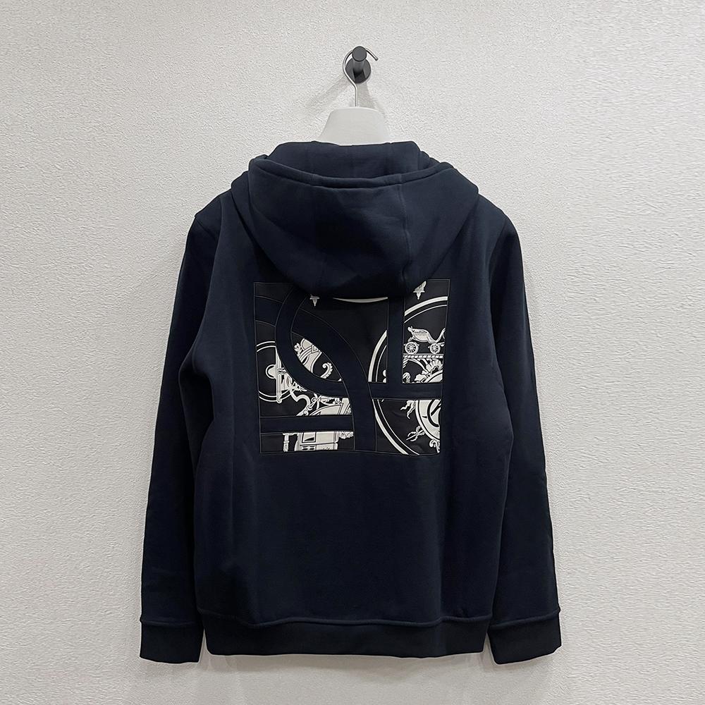 HERMES Ex Libris Silk Detail Zip-Up Hoodie Marine Navy Men’s