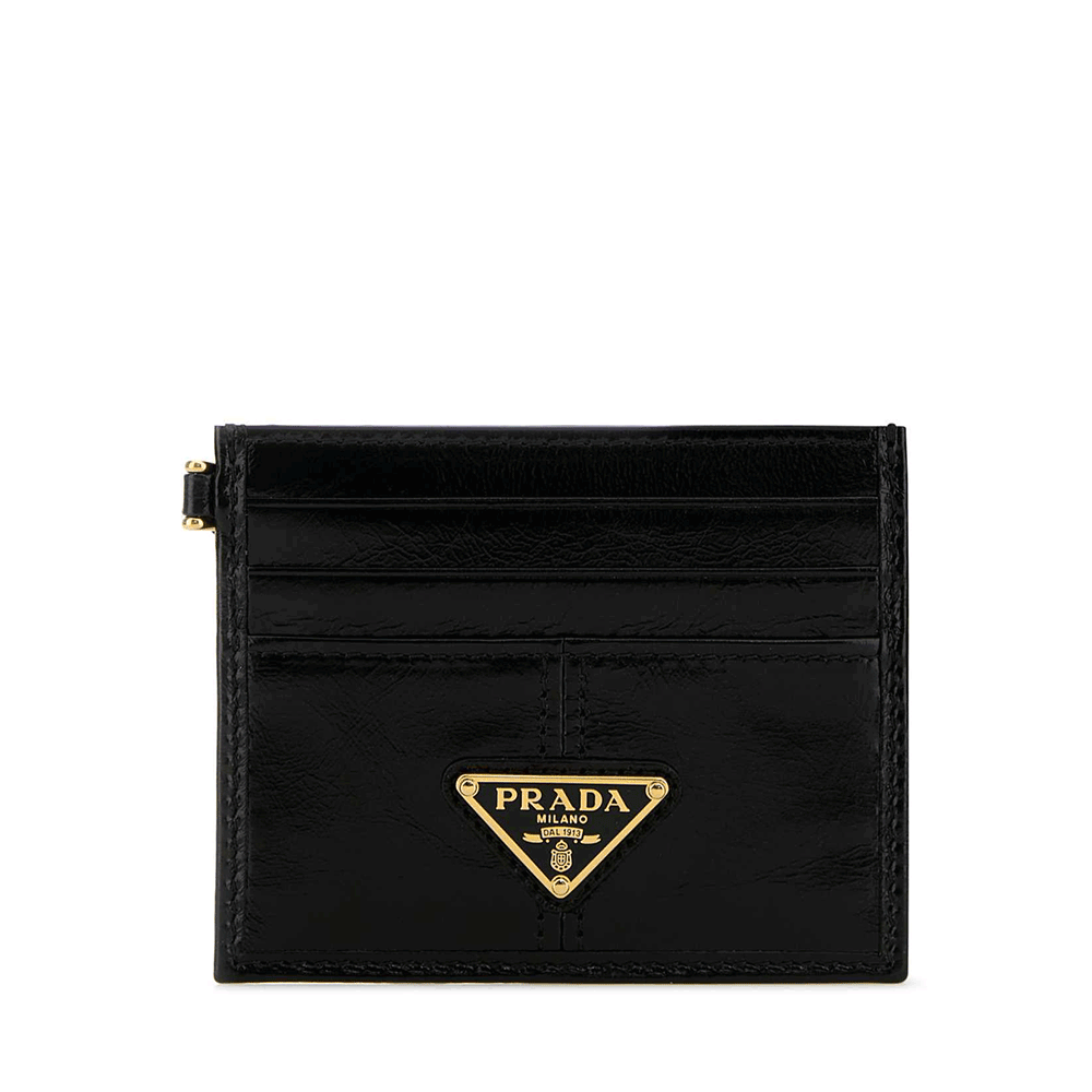 PRADA Black Saffiano Leather Card Holder with Gold-Tone Triangle Logo