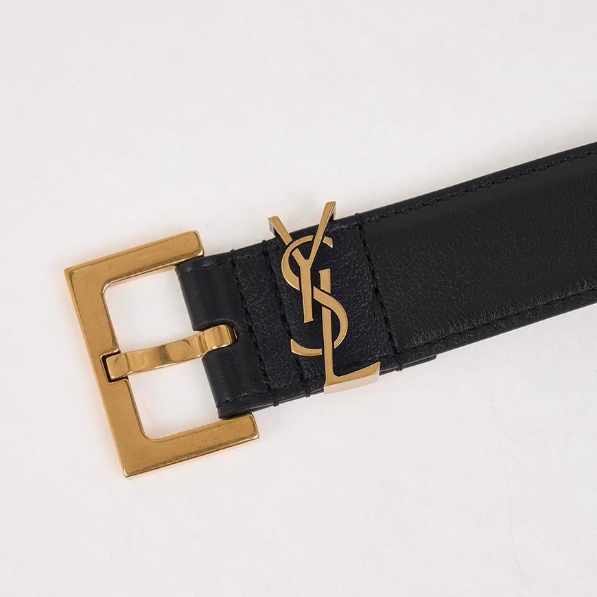 Saint Laurent Women’s Monogram Buckle Leather Belt Black