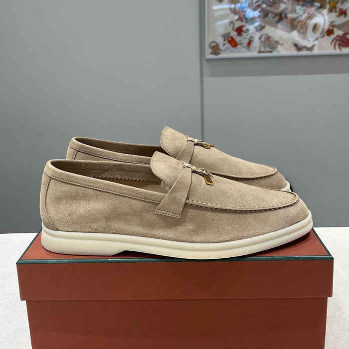 Loro Piana Beige Leather Summer Loafers Gold Hardware Men’s