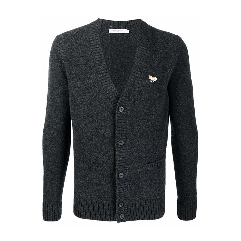 Maison Kitsune Baby Fox Patch Gray Wool Cardigan for Men HM00501 KT1006 H170
