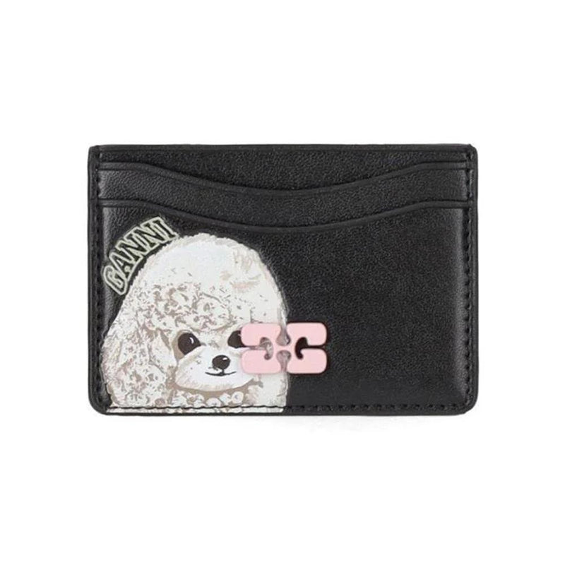 GANNI Black Poodle Print Leather Card Holder A6769 099