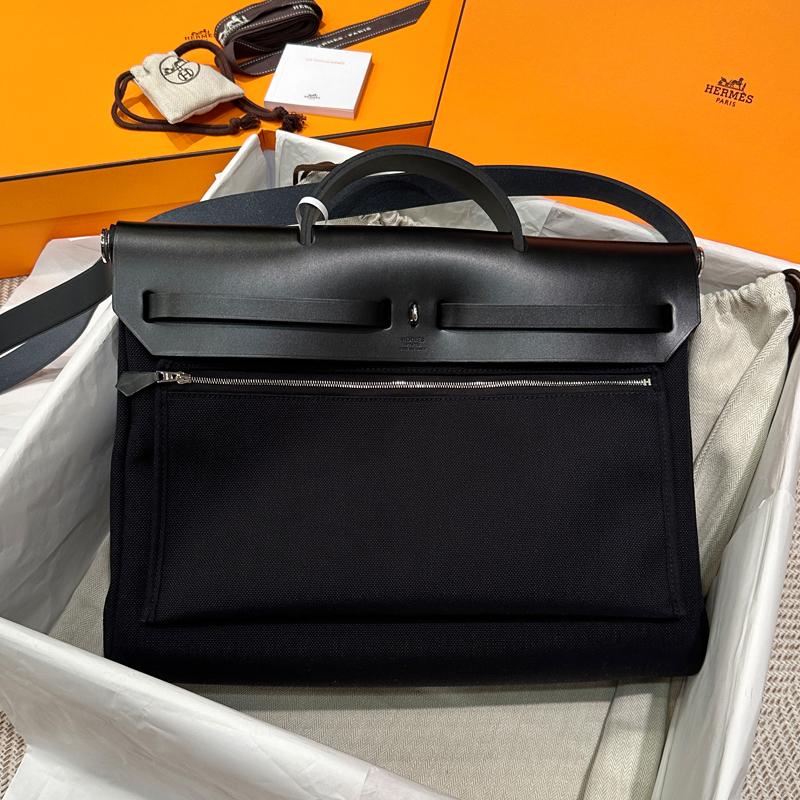 HERMES Black Canvas Shoulder Tote Messenger Bag Silver Hardware
