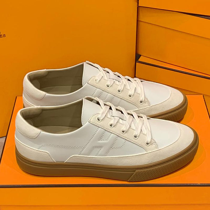 HERMES Men’s Deep Sneakers White Beige Canvas Calfskin Low Top