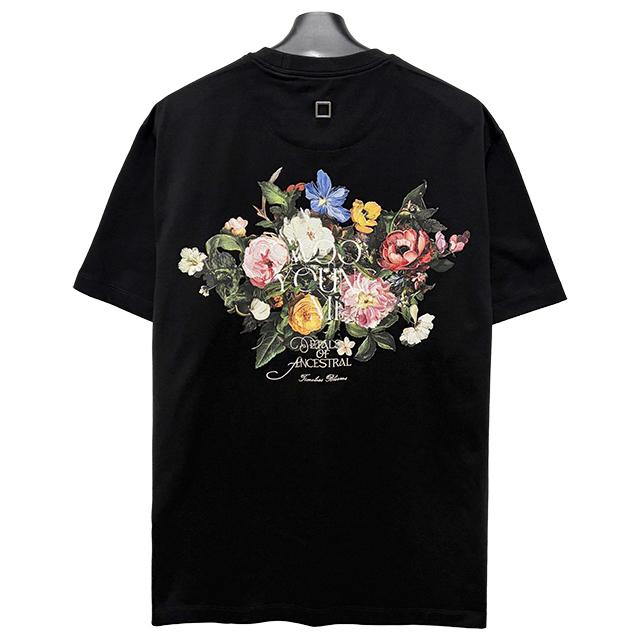 WOOYOUNGMI Black Flower Back Logo Short Sleeve T-Shirt