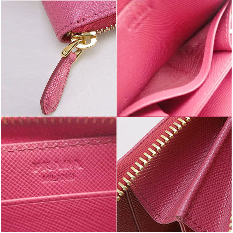 PRADA Saffiano Leather Zip-Around Small Wallet with Gold Logo Coin Purse