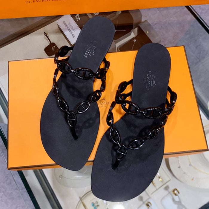 HERMES Black Chaine d’Ancre Twist Island Leather Sandals