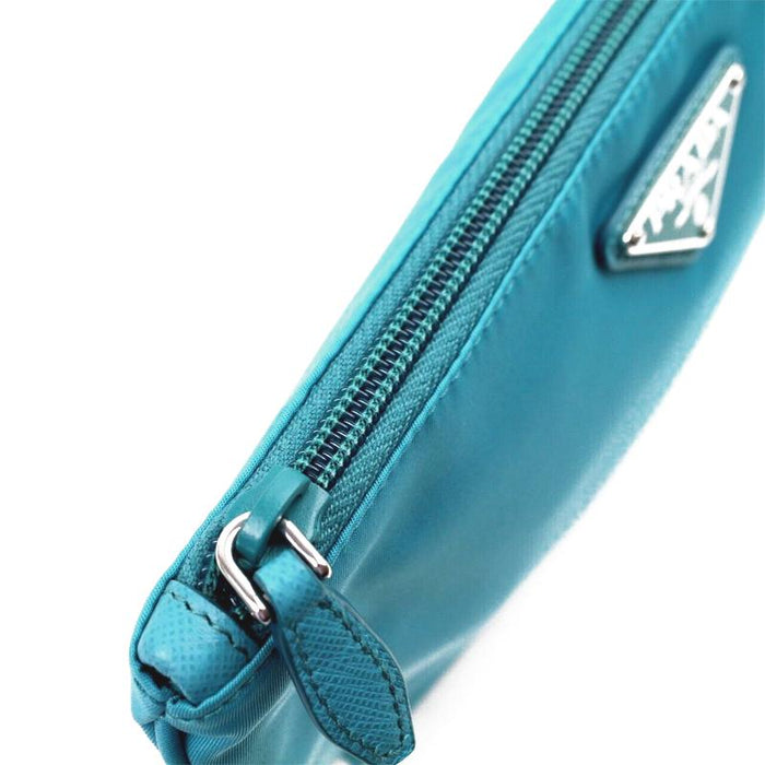 PRADA Tessuto Nylon Triangle Logo Leather Strap Pouch Clutch 1NH545 TURCHESE