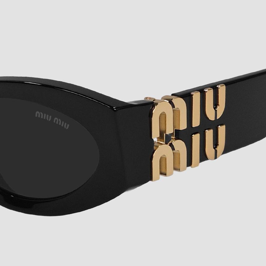 Miu Miu Gleams Logo Temple Oval Sunglasses Black Acetate MU11WS 1AB5S0
