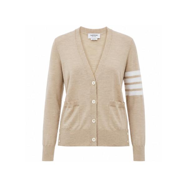 THOM BROWNE Beige Diagonal Stripe V-Neck Wool Cardigan