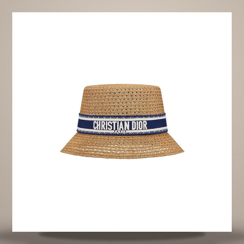 DIOR Navy Blue Straw Narrow Brim Bucket Hat with Ecru Embroidered Band