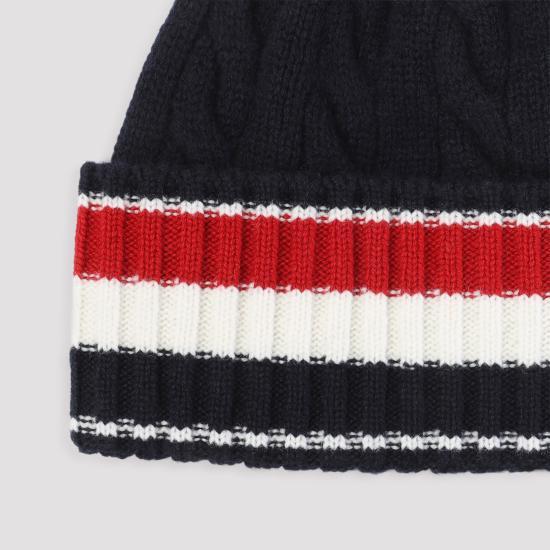 THOM BROWNE Navy Wool Ribbed Beanie Hat