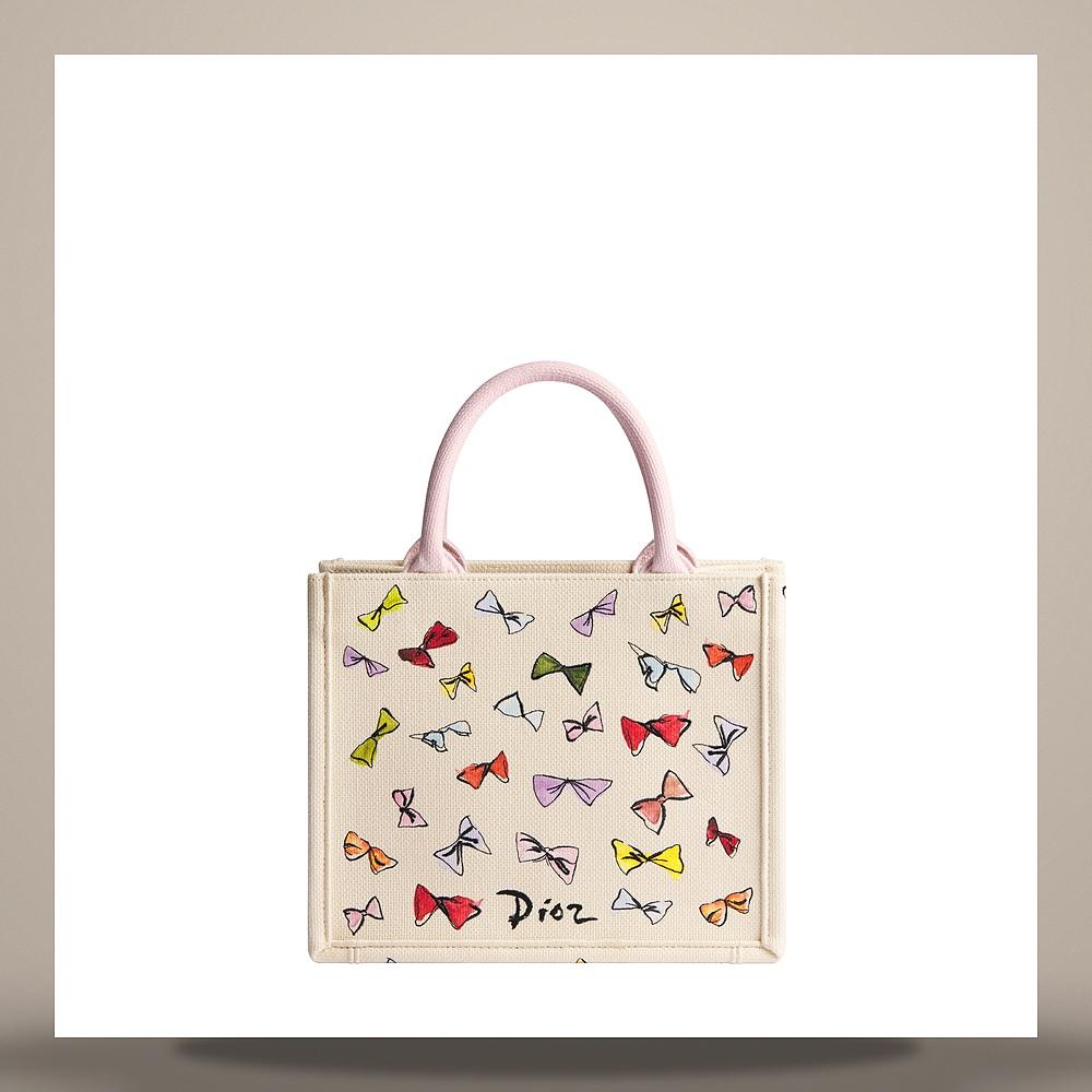 DIOR Small Book Tote Shoulder Bag Latte Multicolor Bow Embroidery M1404OETR M941
