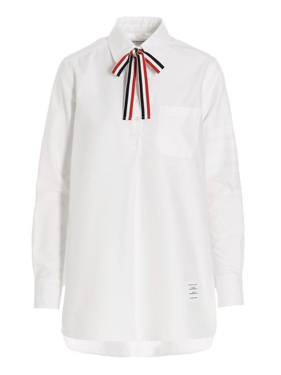 THOM BROWNE White Cotton Oxford 4-Bar Bow-Tie Blouse