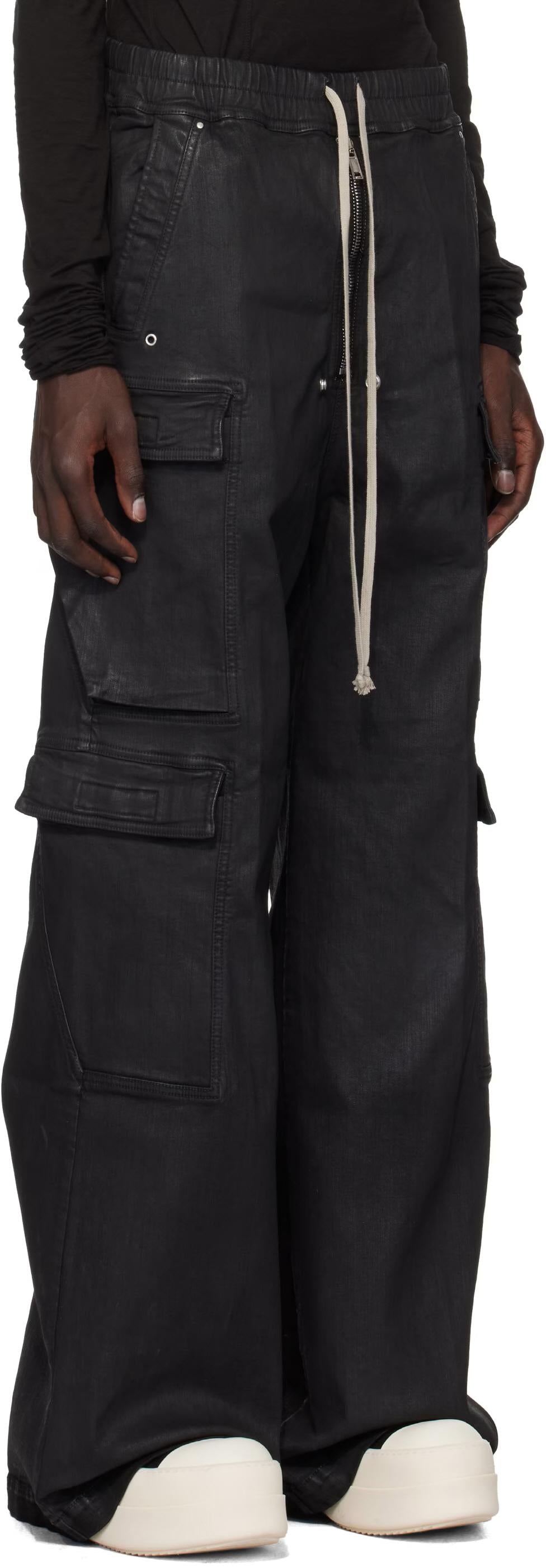 Rick Owens DRKSHDW Black Wax Stretch Denim Double Cargo Jumbo Belas Pants