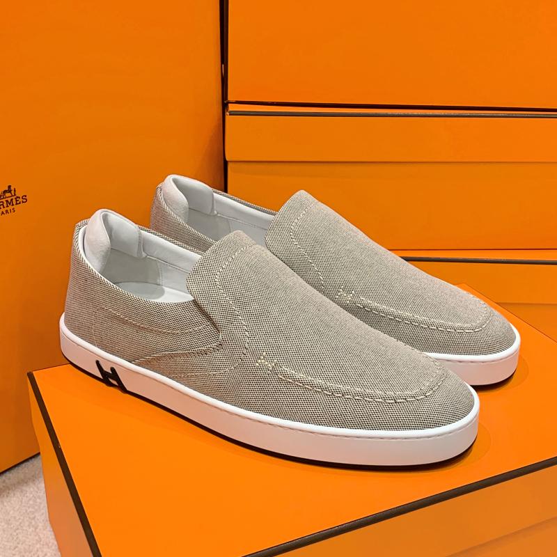 HERMES Men’s Beige Canvas Suede Goatskin Kiddy Slip-On Sneakers
