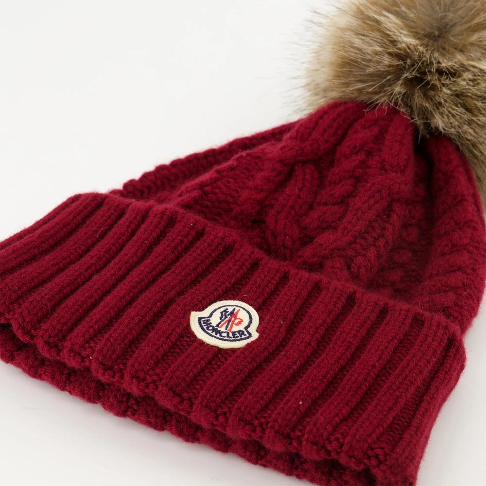 Moncler Logo Patch Pom Pom Beanie Navy Wool
