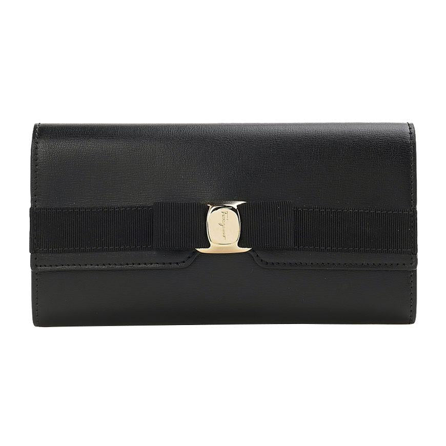 Ferragamo Vara Bow Long Wallet Black Leather Women’s