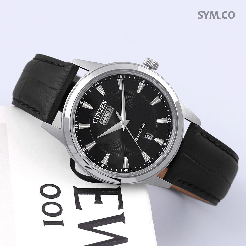 CITIZEN Eco-Drive Modern Simple Analog Day-Date Men’s Leather Watch AW0100 27E