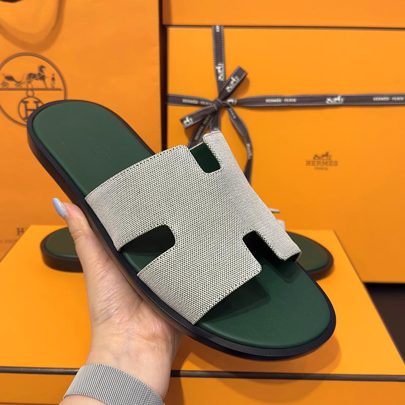 HERMES Izmir Two-Tone Green Calfskin Fabric Men’s Slide Sandals