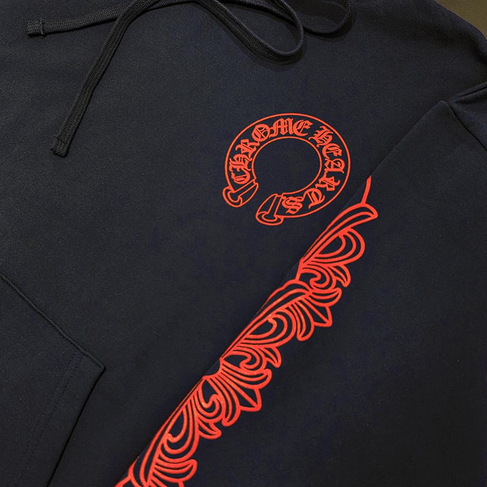 Chrome Hearts Navy Hoodie Horseshoe Coral Orange Logo Unisex Top