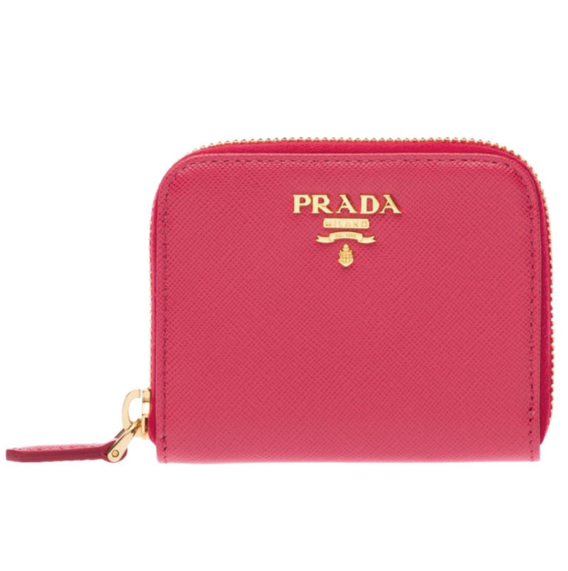 PRADA Saffiano Leather Zip-Around Small Wallet with Gold Logo Coin Purse
