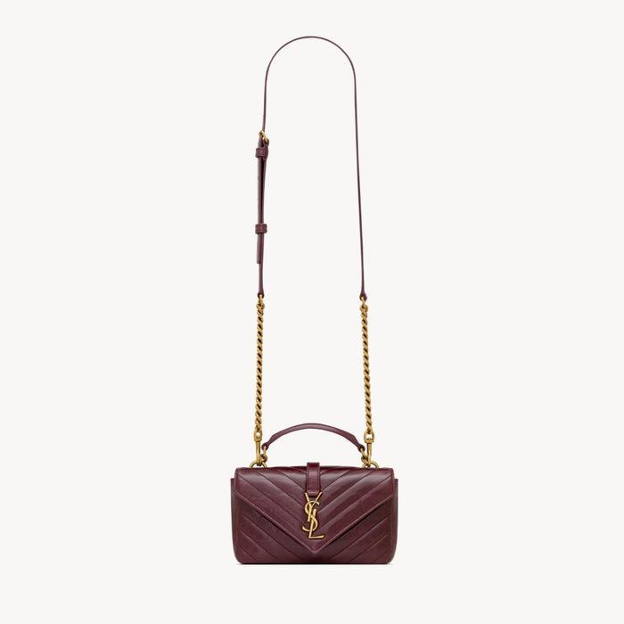 Saint Laurent Crinkled Leather Mini Chain Shoulder Bag Deep Hot Wine