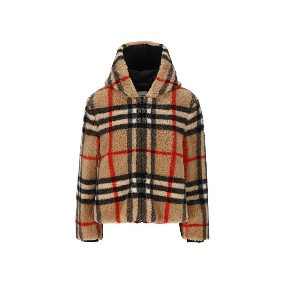 BURBERRY Check Fleece Short Hooded Jacket Archive Beige Women