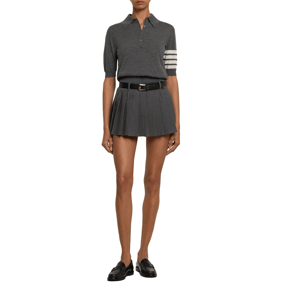 THOM BROWNE Women 4-Bar Fine Virgin Wool Polo Knit Sweater Gray
