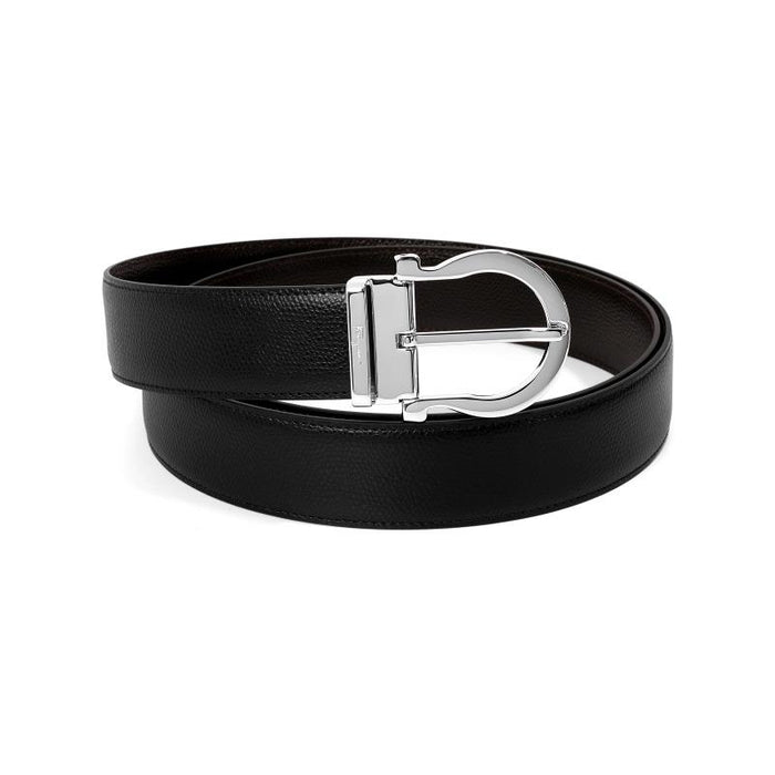 Ferragamo Men’s Leather Belt Black Reversible Silver Buckle 0675140