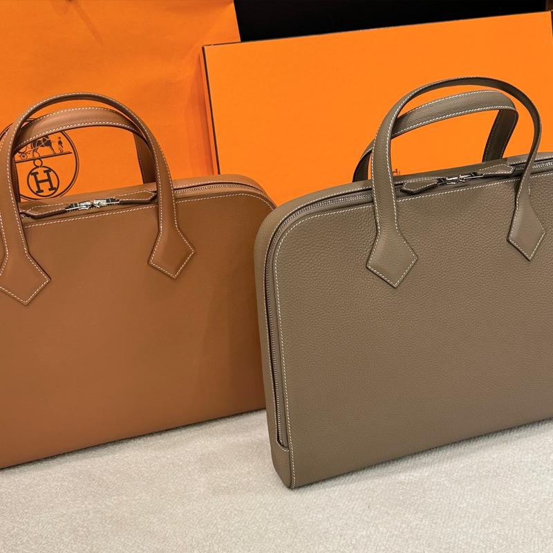 HERMES Victoria Light Brief Case Gold Brown Tote Bag Unisex