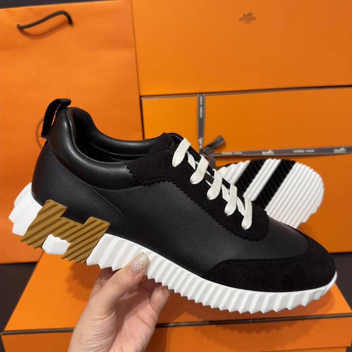 HERMES Men’s Bouncing Low-Top Sneakers Black Goatskin Brown H Logo