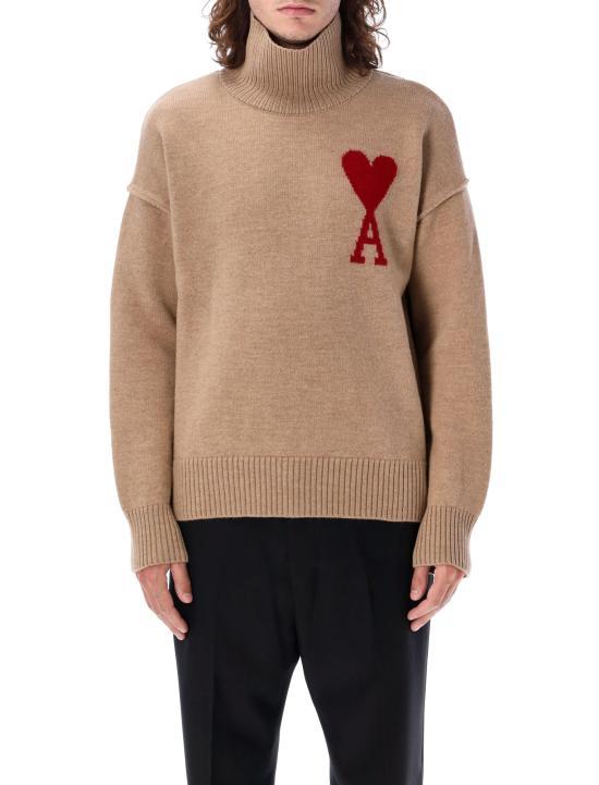AMI Red Heart Intarsia Camel Turtleneck Knit Sweater Women’s