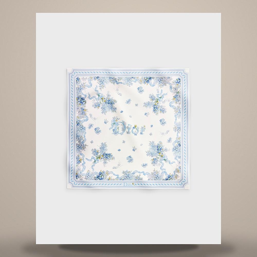 DIOR Lilac Bouquet 90cm Silk Twill Square Scarf White Blue 64TC090D6129 C516