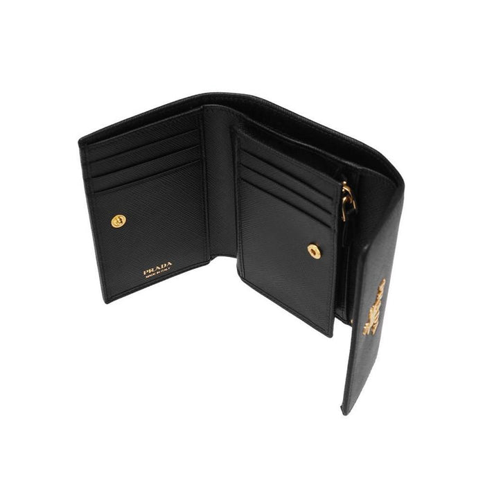 PRADA Saffiano Leather Black Coin Bifold Wallet Gold Logo