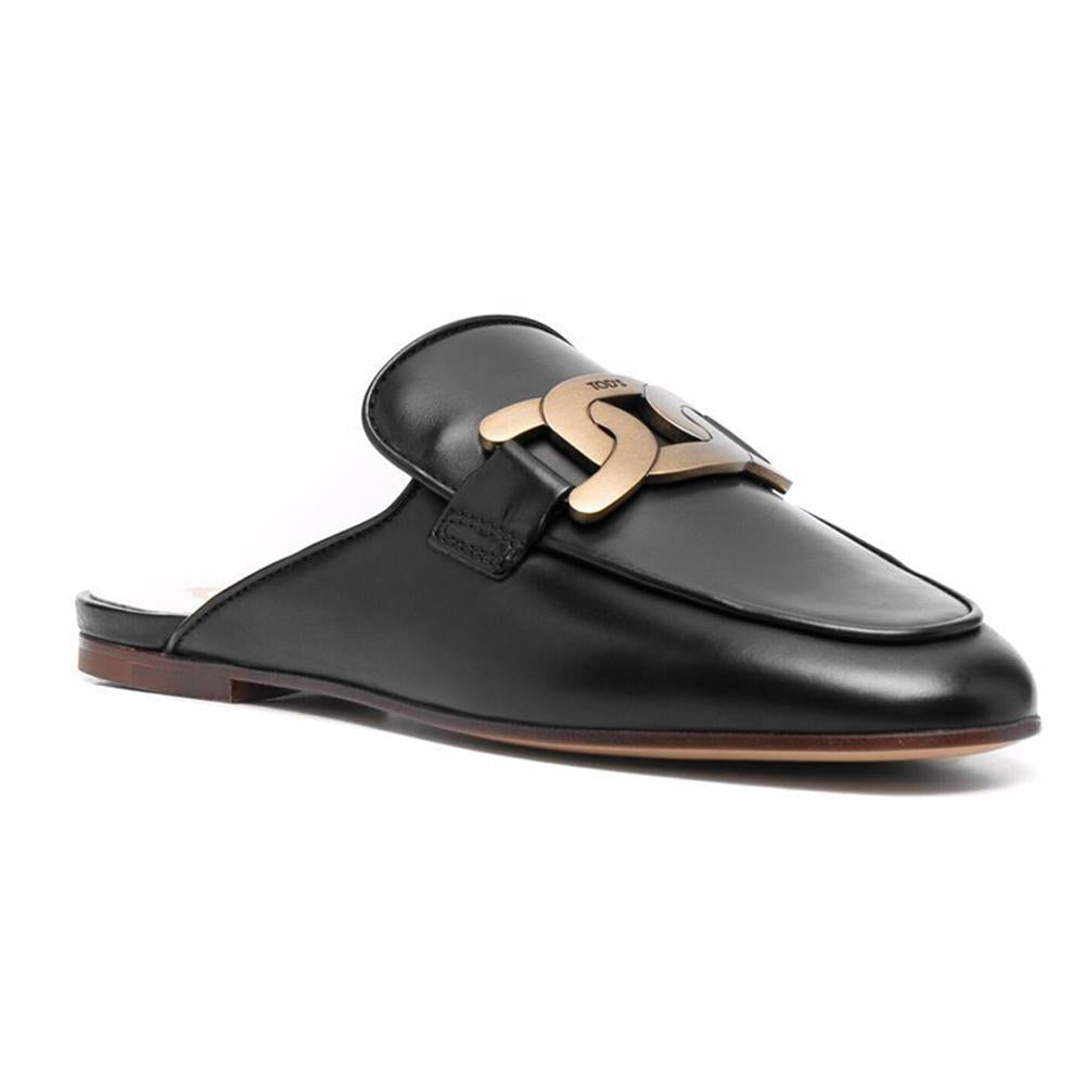 Tods Chain Logo Leather Sabot Backless Loafers Black