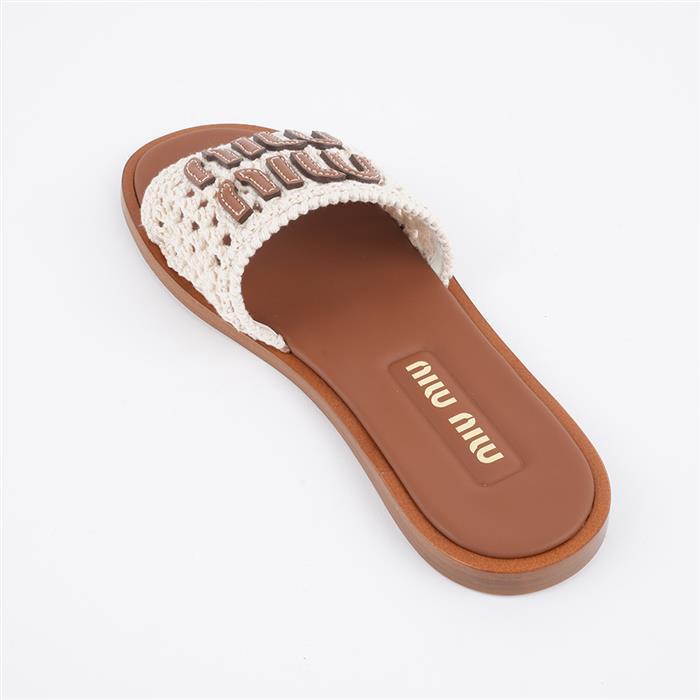 Miu Miu Cotton Crochet Leather Slide Sandals