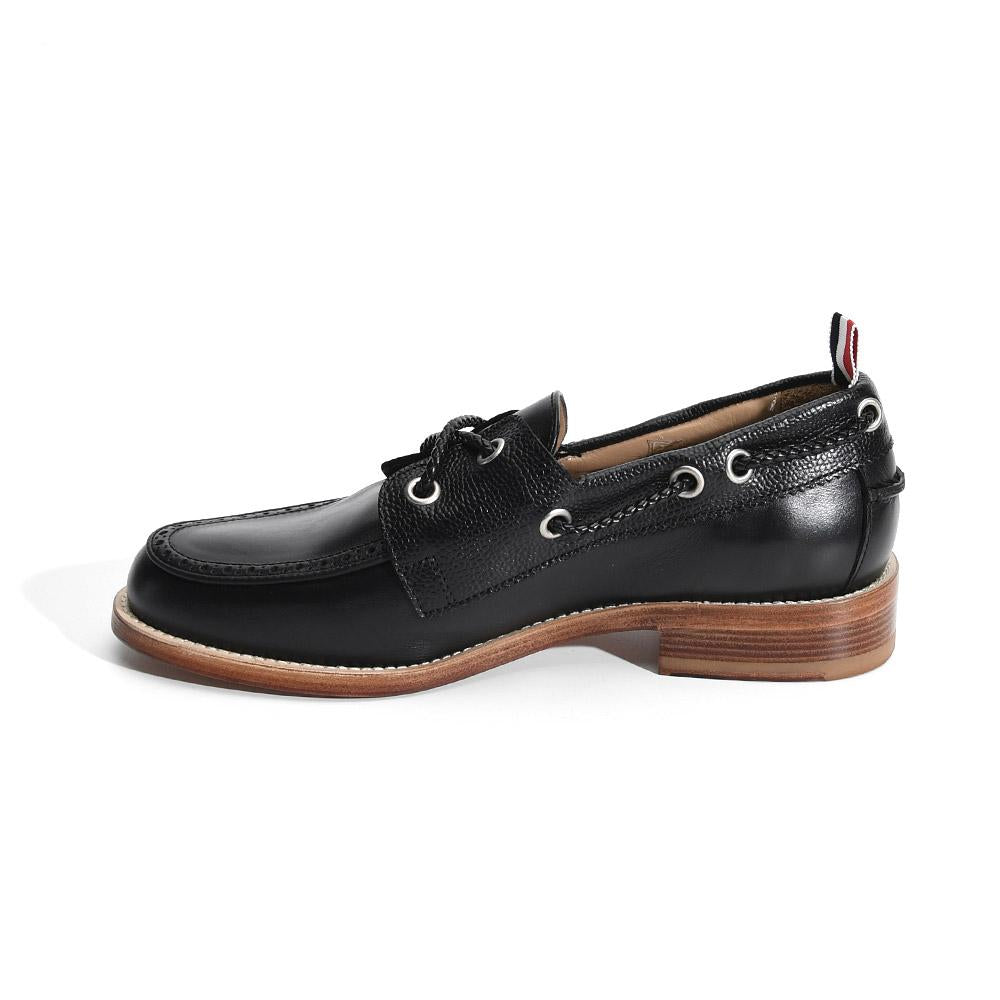 THOM BROWNE Black Vitello Calf Leather Boat Shoes Men's