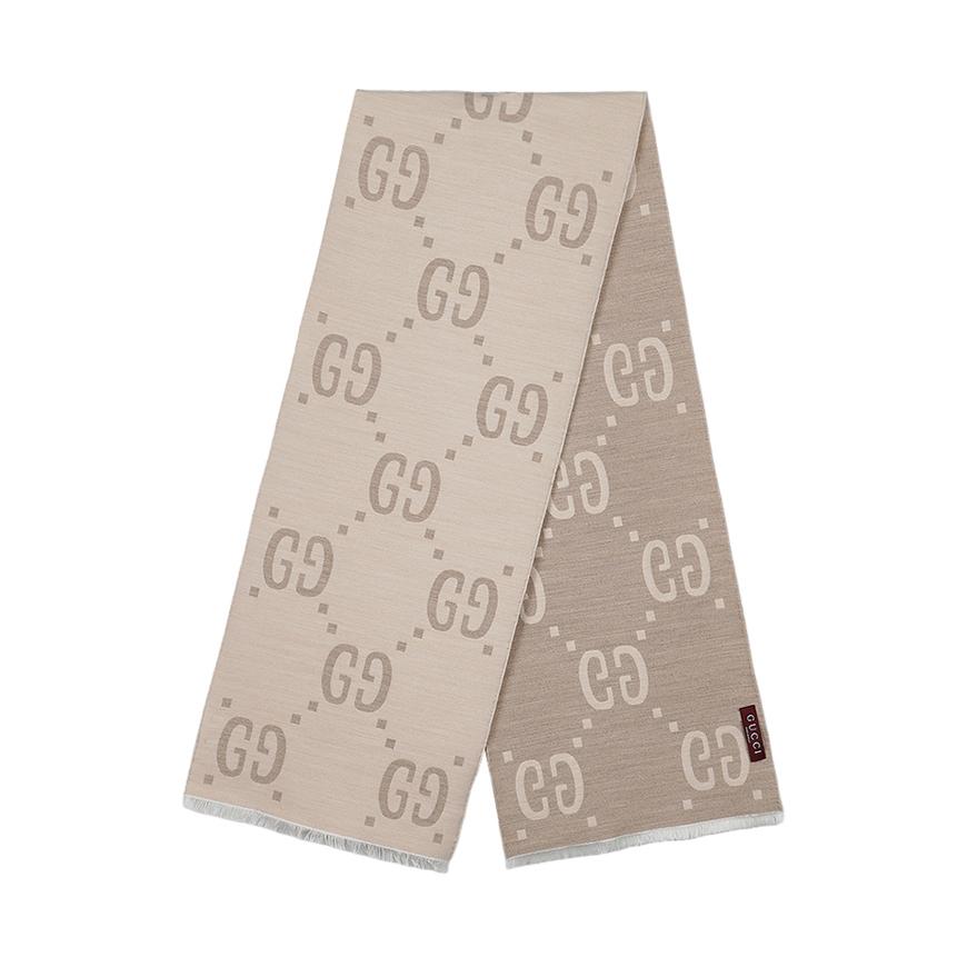 GUCCI Women’s GG Jacquard Scarf Ivory Beige Wool Silk