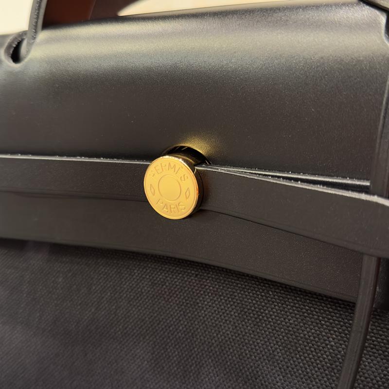 HERMES Black Canvas Herbag 39 Shoulder Tote Bag Gold Hardware