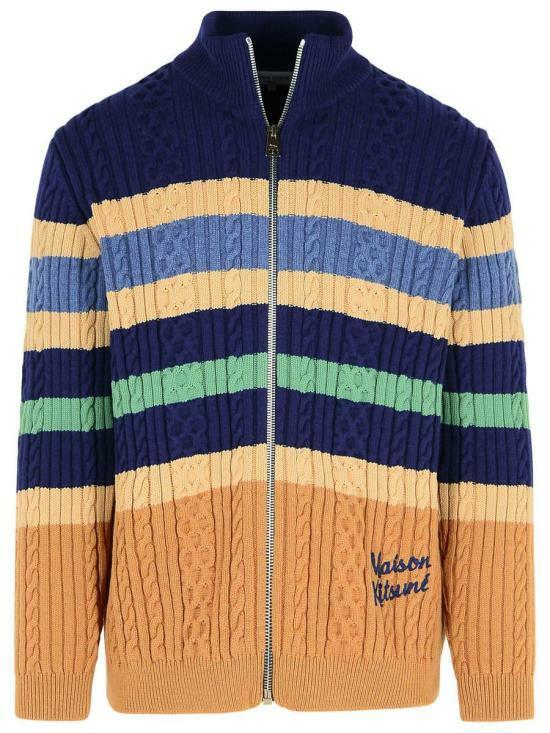 Maison Kitsune Striped Cable Knit Zip Cardigan Jacket NM00505 KH0001 0034
